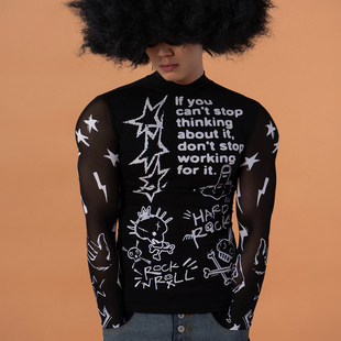 CLP黑色涂鸦印花镂空网纱长袖 紧身休闲打底街头透视 T恤上衣男修身