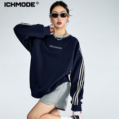 ICH MODE 美式复古条纹圆领卫衣女春秋宽松运动上衣外套2025新款