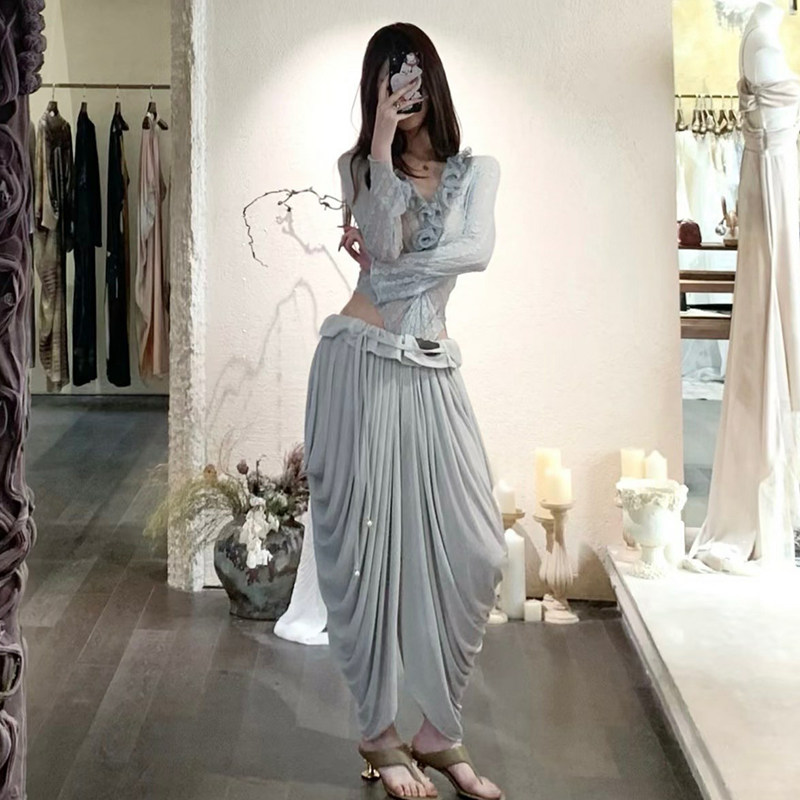 thumbnail for Niche vintage lace V-neck wood ear flush lace twisted jumpsuit with waist-baring stand-and-cut pleated floral bud pants long suit for summer