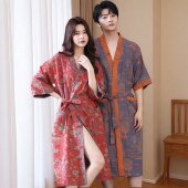 A类情侣睡衣春夏薄款 双层纱布浴袍女纯棉提花家居服睡袍速干浴衣
