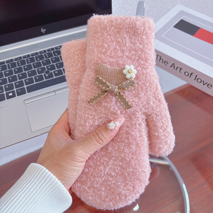 全包连指手套女士加绒加厚冬天成人学生骑车保暖防寒毛线针织全指