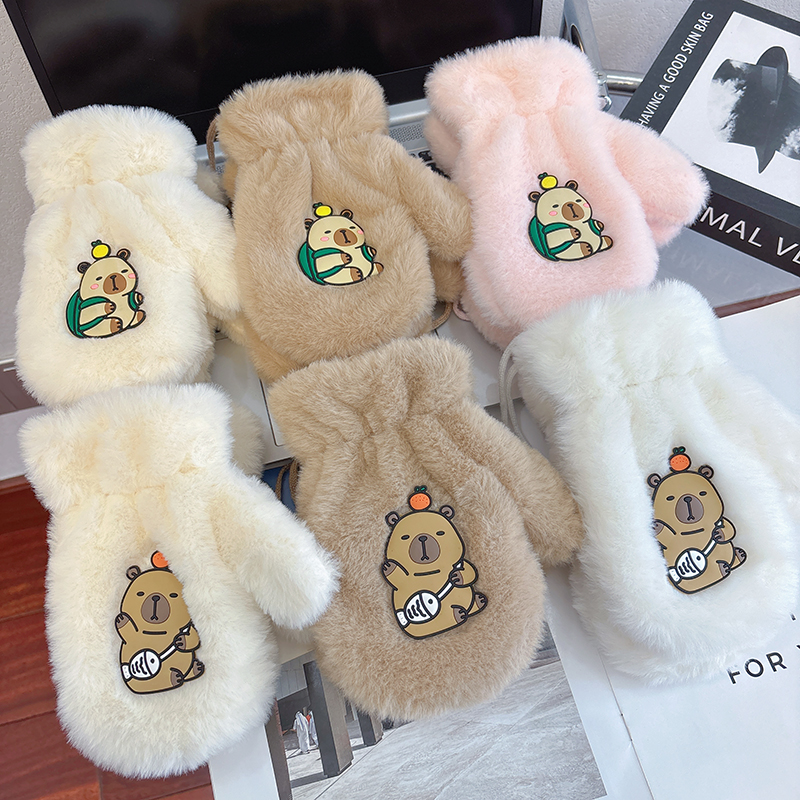 儿童连指全包手套冬男女小孩加绒加厚宝宝保暖防寒带绳挂脖不分指