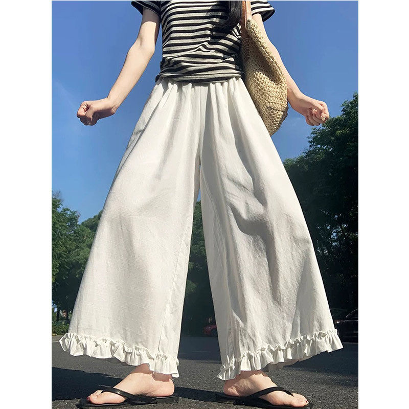白色韩系木耳花边麻料阔腿裤女春休闲裤
