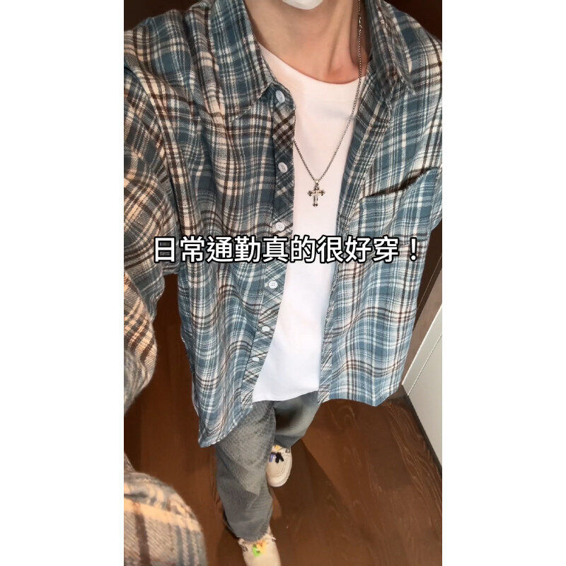 cleanfit蓝色格子衬衫男款外套美式复古高级感痞帅长袖工装衬衣潮