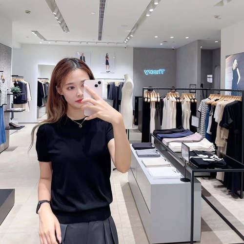 TH现货羊毛混纺经典修身圆领短袖时尚精品纯色t恤L1211701
