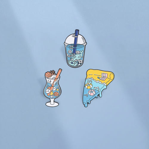 夏日海洋海浪饮品披萨珐琅胸针 鲨鱼奶茶鸡尾酒海边度假金属别针