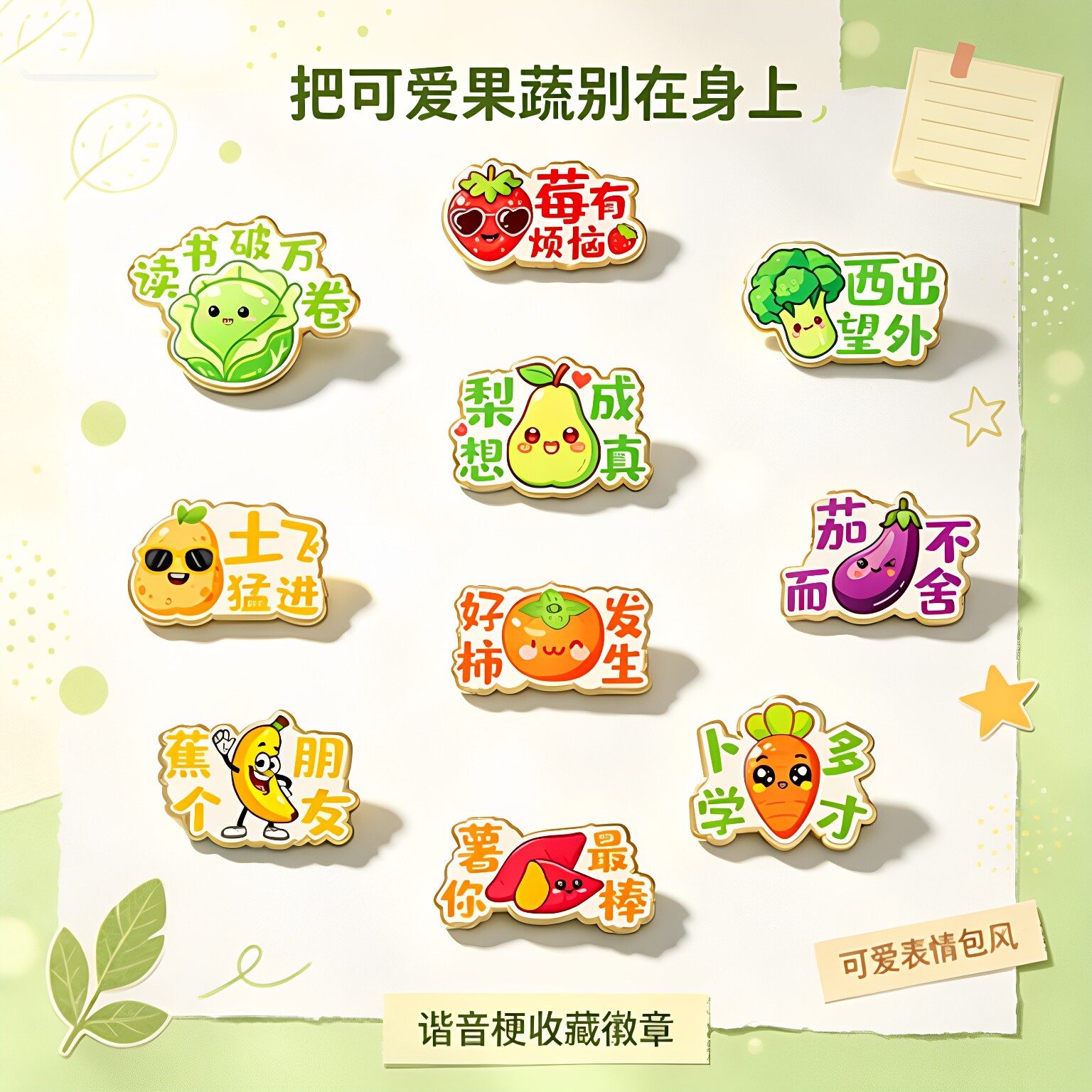 26可爱果蔬谐音梗胸针套装 卡通蔬菜水果趣味文字书包帆布包装饰