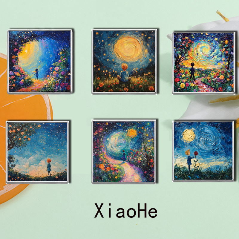 26梵高星夜油画方形金属胸针 治愈童话文艺小众书包珐琅别针配饰