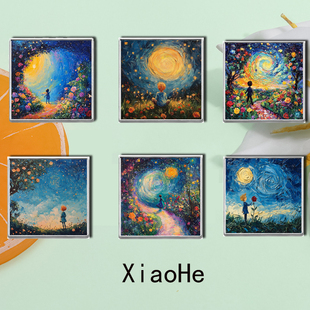 26梵高星夜油画方形金属胸针 治愈童话文艺小众书包珐琅别针配饰