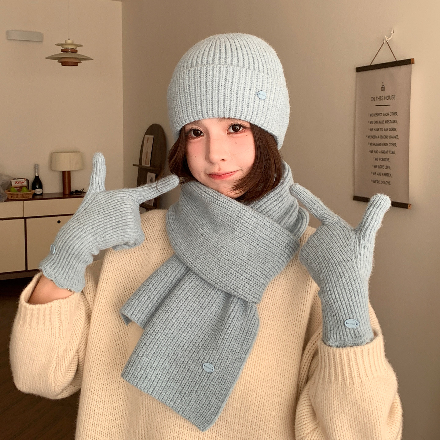 蓝色围巾女秋冬季韩系氛围感帽子手套三件套百搭针织毛线围脖套装,服饰配件/皮带/帽子/围巾,三件套,淘宝优惠券,粉丝福利购,淘宝优惠卷