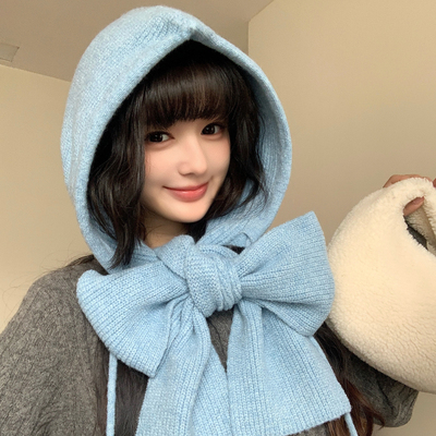 蓝色帽子女款2025新款冬季巴拉克拉法帽围巾一体大头围针织毛线帽