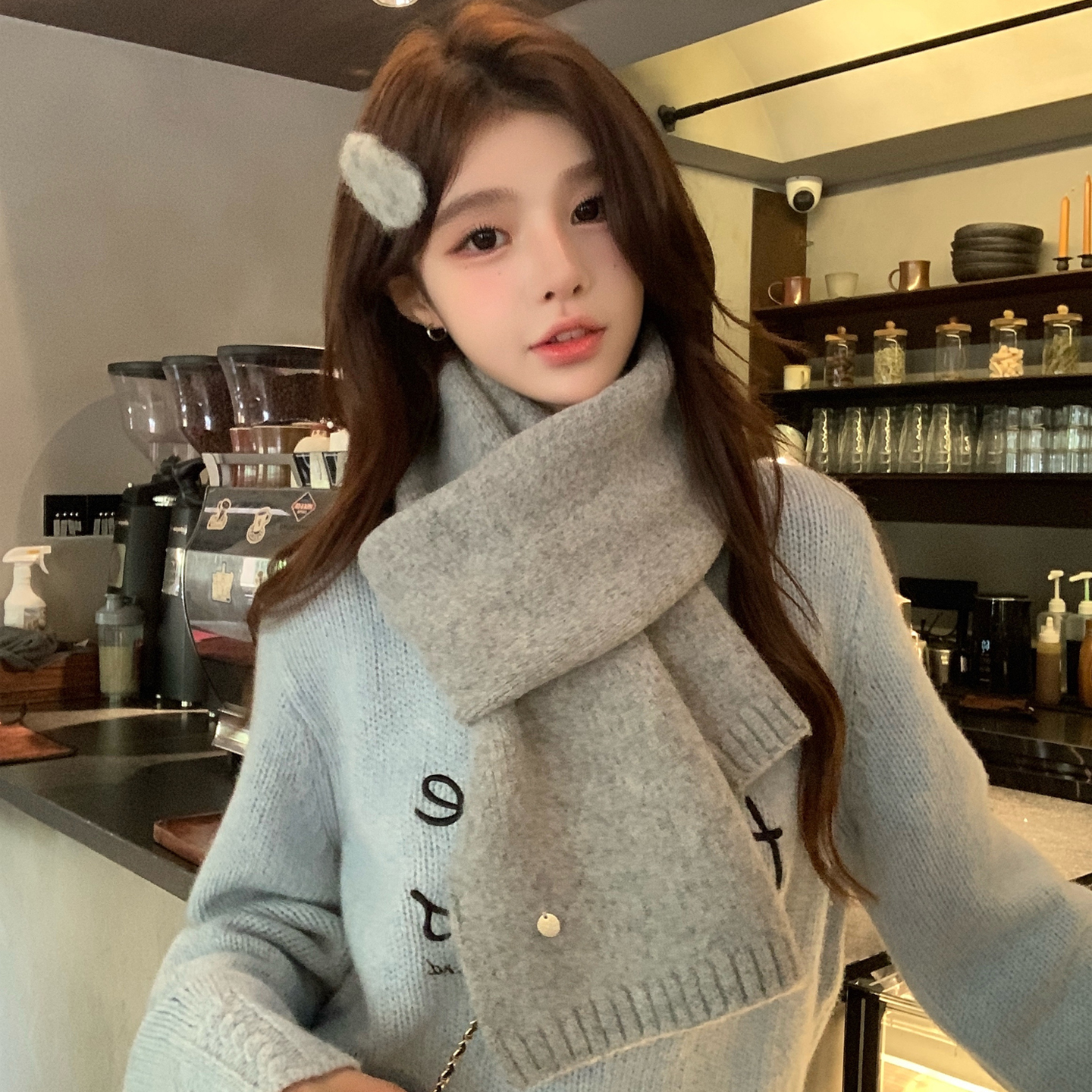 灰色围巾女冬季保暖百搭针织围脖