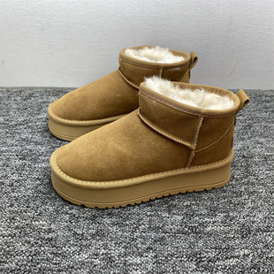 短筒棉鞋 加绒厚底保暖面包鞋 瑕疵处理羊毛口真皮雪地靴女冬季 特价