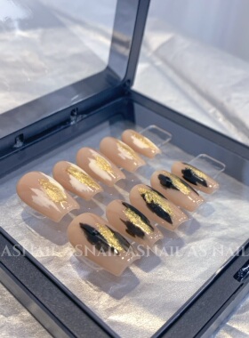 AS Nali裸色穿戴甲中长款魔镜粉黑色暗黑美甲假指甲贴片定制手工