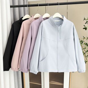胖mm百搭立领拉链短外套女宽松遮肉纯色冲锋衣外套潮 春季 大码 女装