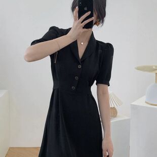 大码西装领连衣裙胖mm夏季法式桔梗裙黑色显瘦遮肚子中长款裙子女