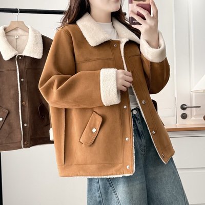 大码胖mm冬季休闲麂皮绒短外套女