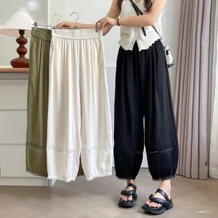 女装 新款 大码 夏季 女 200斤胖mm宽松休闲镂空蕾丝拼接灯笼裤 九分裤