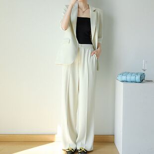 大码女装薄款七分袖西装套装女胖MM夏200斤宽松休闲阔腿裤两件套