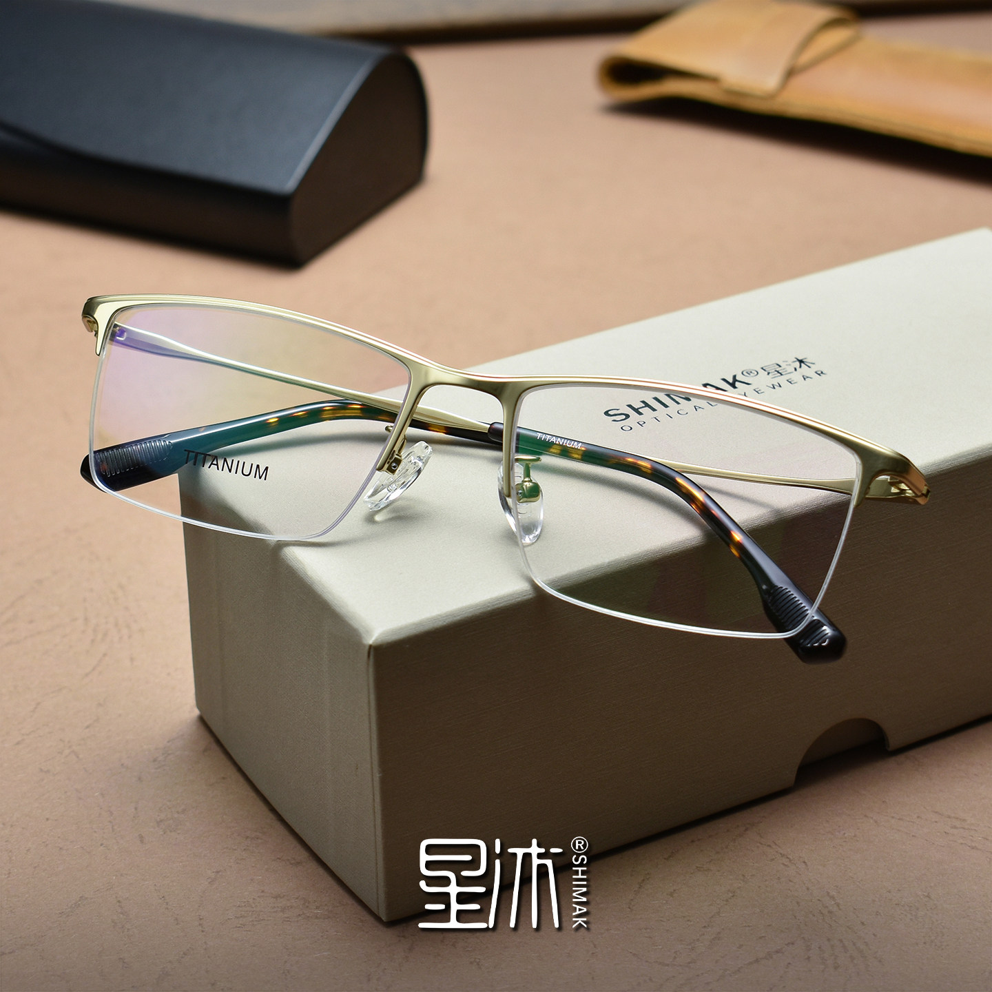 超轻纯钛架半框眼镜商务男款大脸金色复古方形镜框可配近视防蓝光