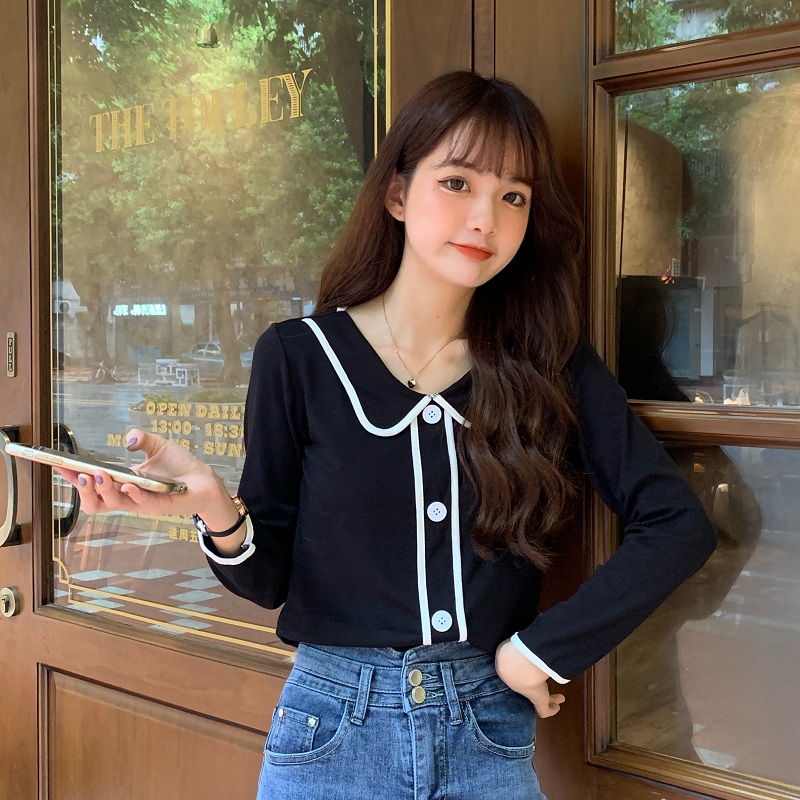 Real price French small fresh four button doll collar sweet age reducing versatile T-shirt girl