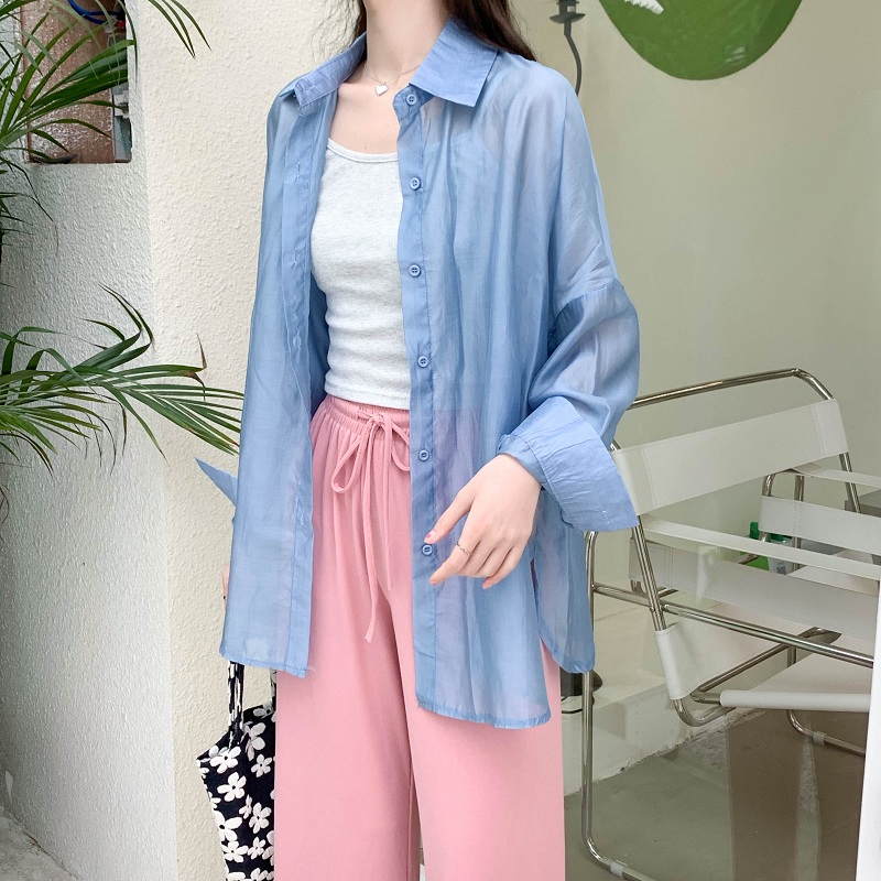 Real shot real price summer slightly transparent and versatile lazy candy color solid long sleeve shirt sunscreen clothes