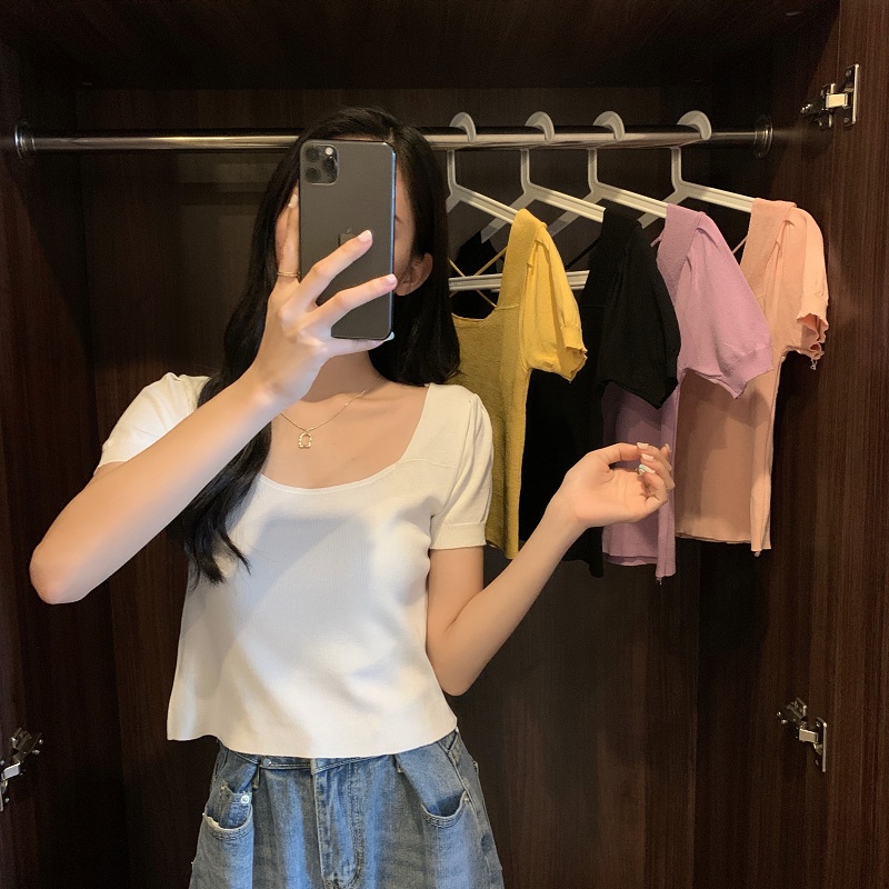 Real shot real price summer Korean Short slim open navel cross band T-shirt