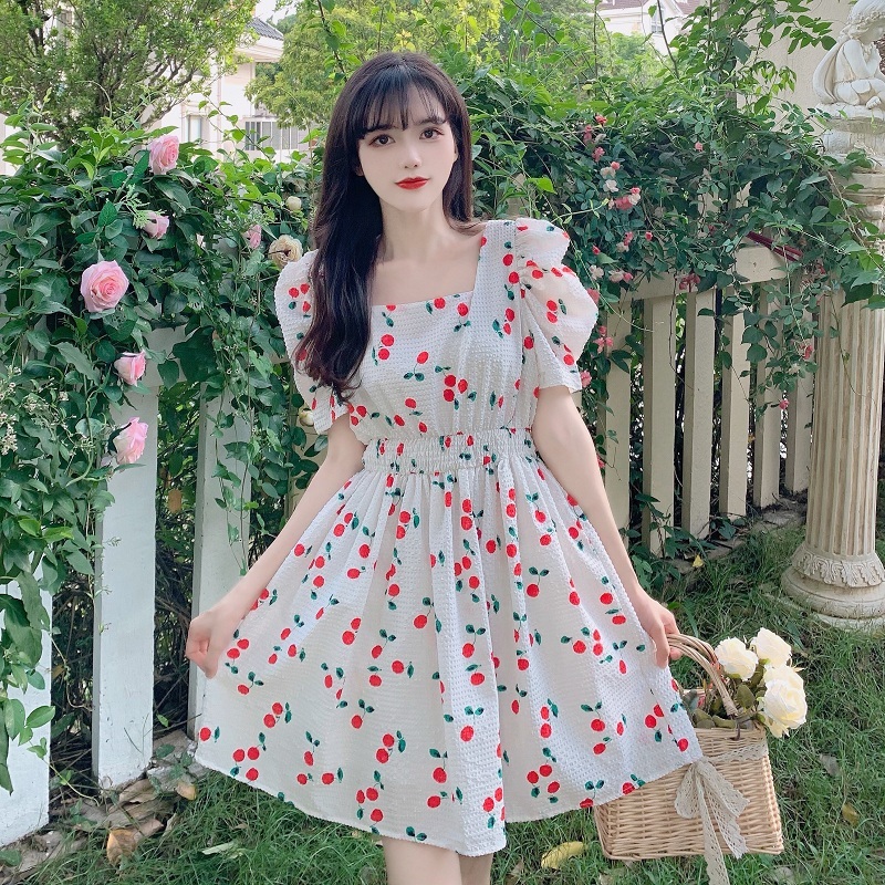 Real price French style design bubble sleeve square collar cherry print medium length dress