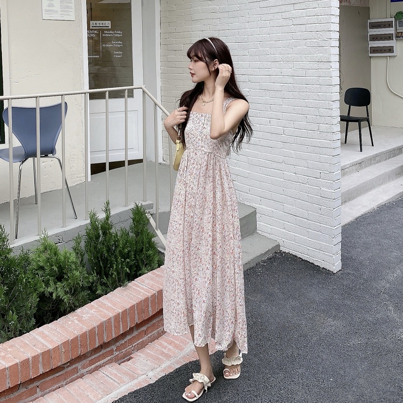 Real price new French suspender floral print print base dress