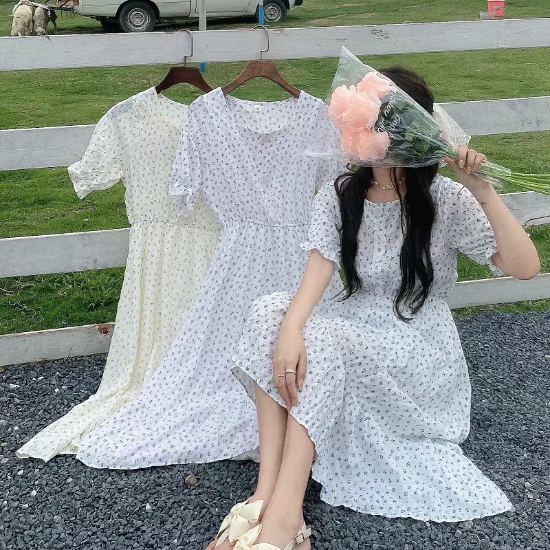 實拍實價    韓版甜美洋氣方領收腰碎花長款連衣裙