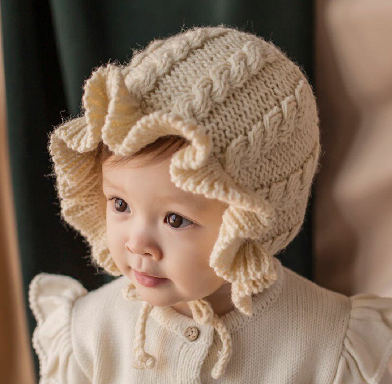 韩国进口婴儿童帽子女宝宝秋冬新款公主帽毛线保暖木耳边护耳帽