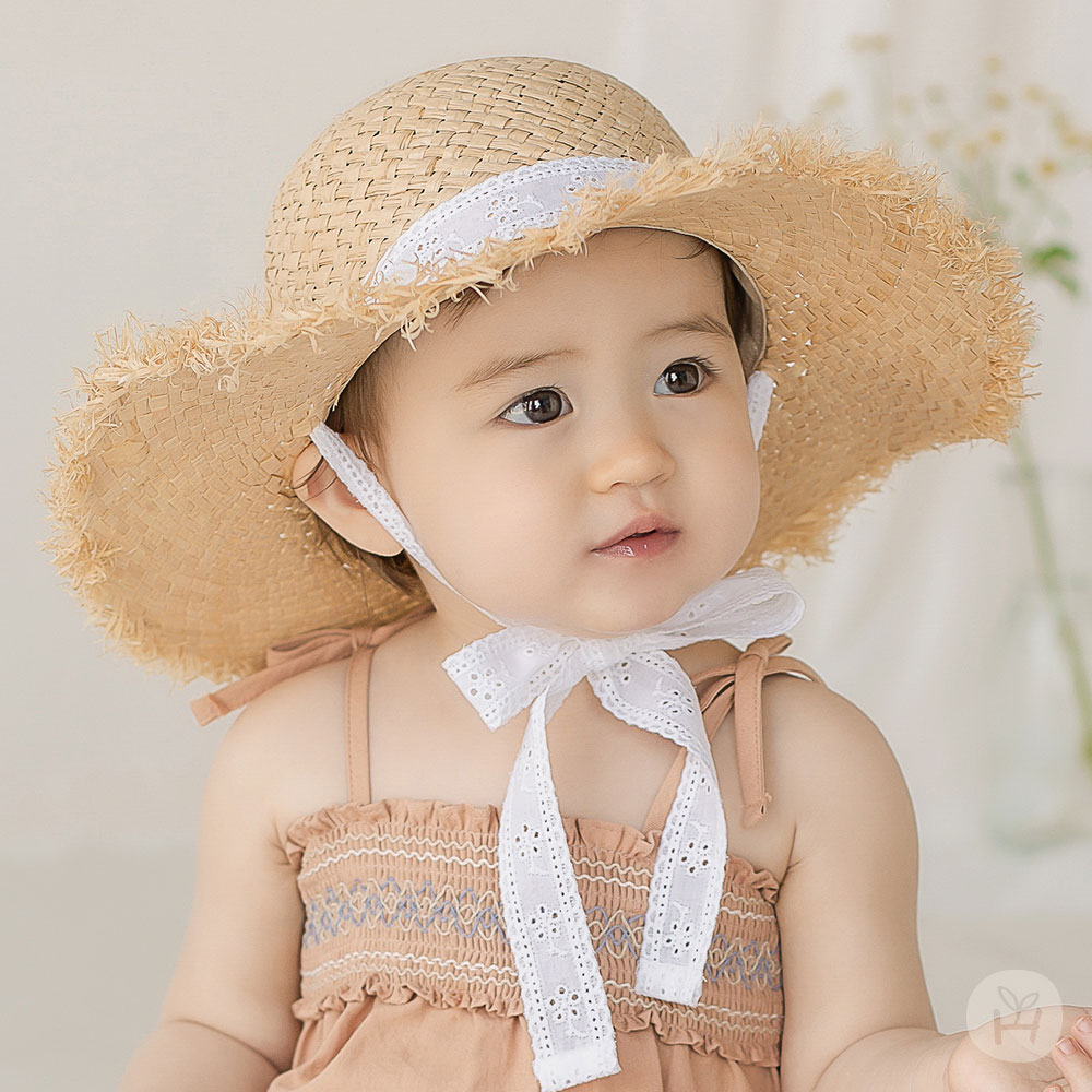 韩国进口婴儿童草帽夏季新款女宝宝大帽檐沙滩渔夫帽遮太阳帽子