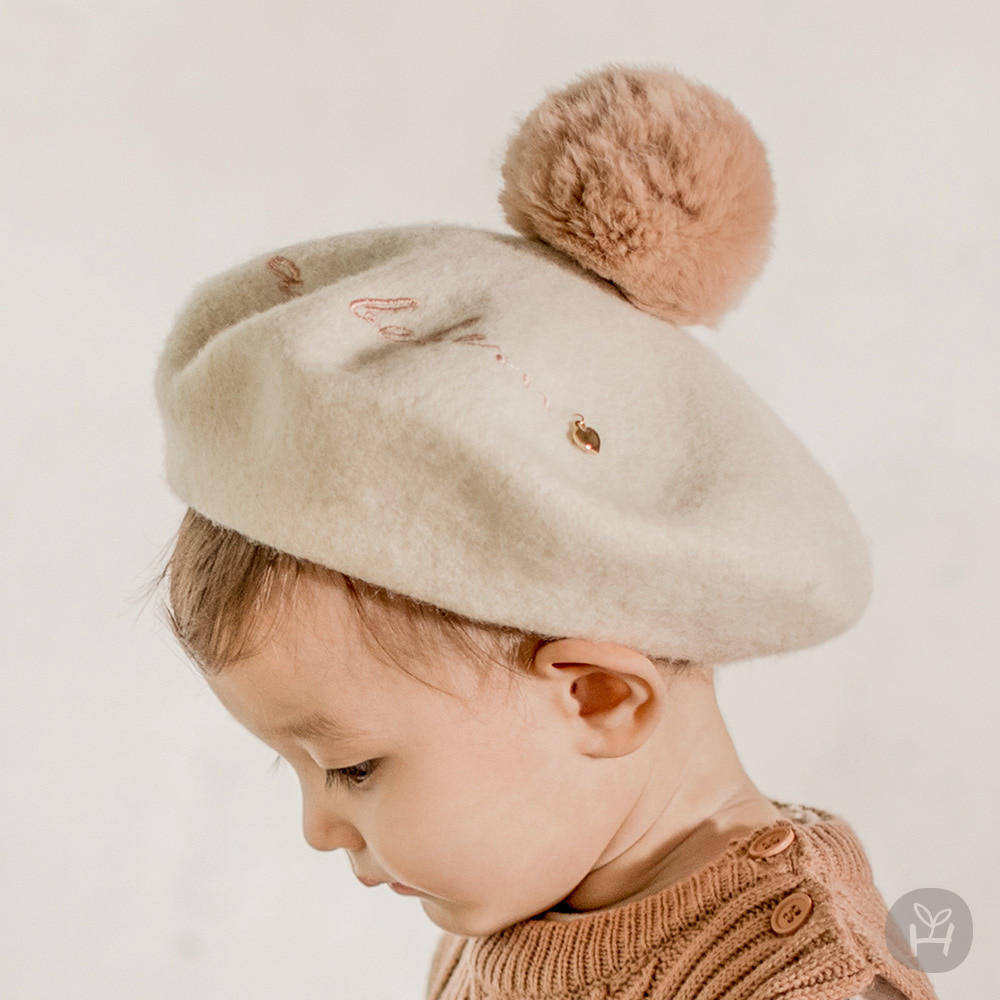 韩国进口婴儿童帽子男女宝宝秋冬套头帽贝雷帽真毛球球针织毛呢帽
