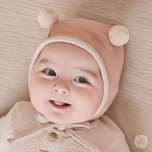 韩国进口婴儿童子0-3-12个月男女宝宝可爱胎帽秋冬满月防风全棉帽