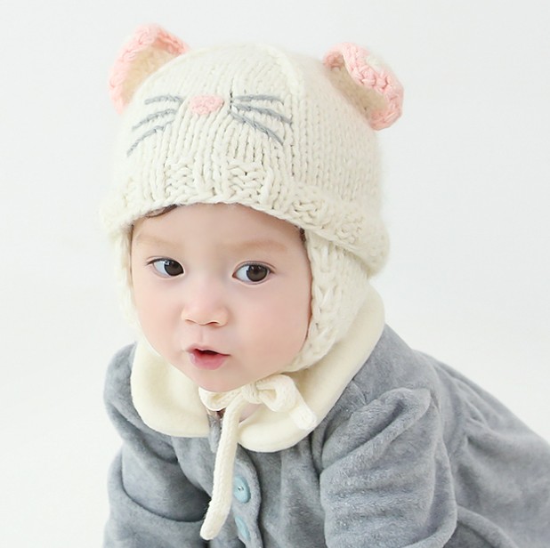 韩国进口婴儿童毛线帽子小猫耳朵帽女宝宝秋冬保暖防风护耳套头帽
