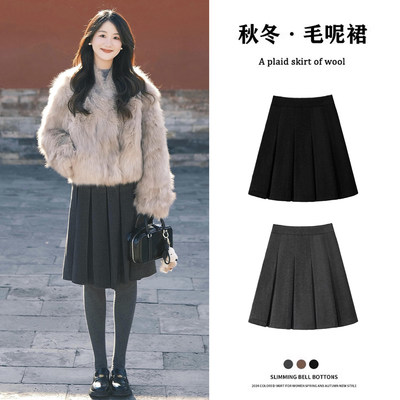 灰色毛呢百褶半裙女秋冬2