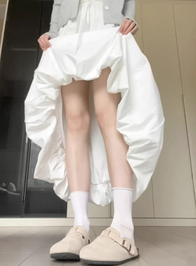 白色花苞半身裙女夏季薄款冰丝云朵裙中长款高腰显瘦a字蓬蓬裙子