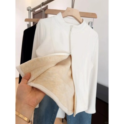 白色立领拉链卫衣女加绒