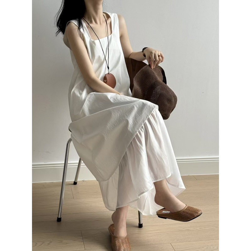 2026新款高级感白色无袖连衣裙夏季大码胖mm欧根纱拼接背心裙长裙