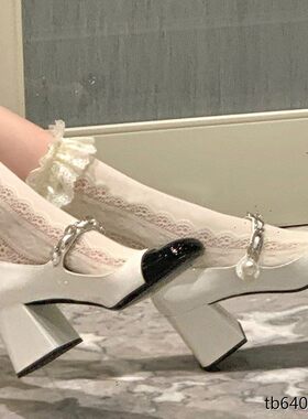 仙女法式女珍珠漆皮粗跟
