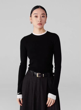 IACHOO 2023AW毛衣女士100%超细羊毛 圆领镶色针织衫打底衫设计感