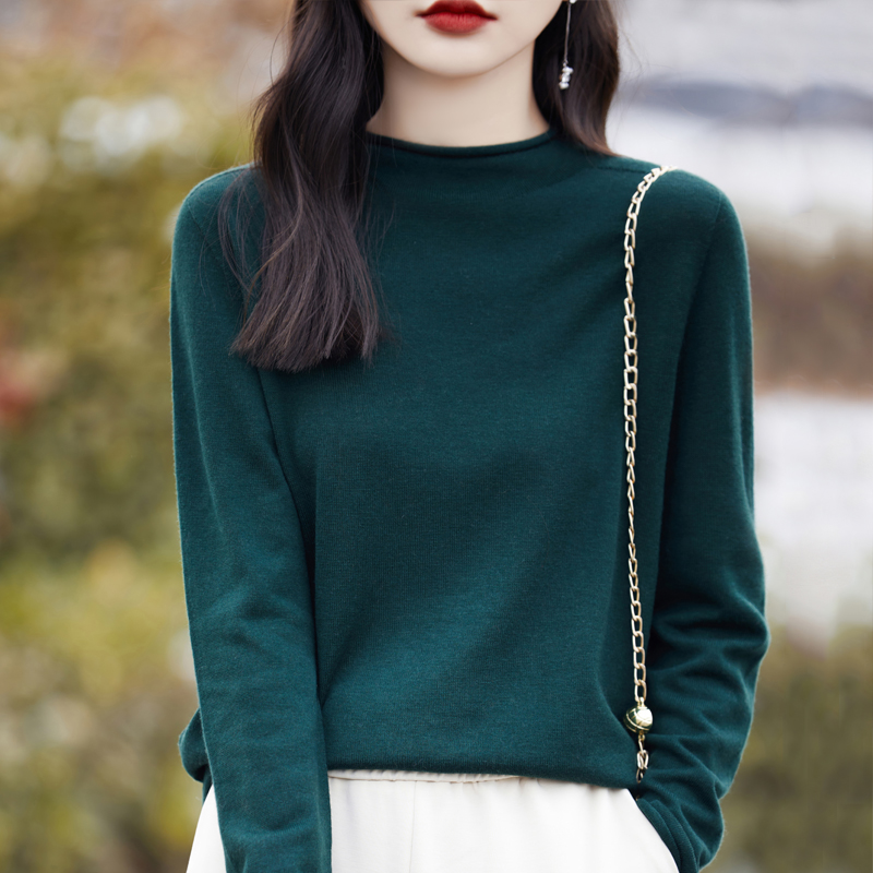 精纺100%羊毛半高领卷边针织衫女2025秋冬新款宽松显瘦打底衫上衣