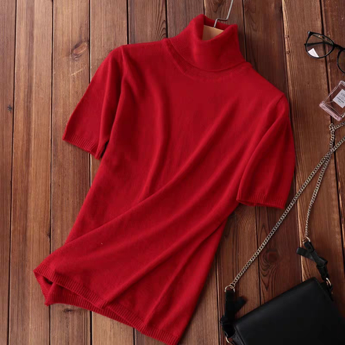 秋冬精纺羊毛高领针织短袖打底衫女简约百搭宽松显瘦大码半袖毛衣