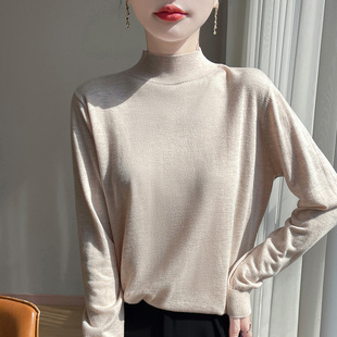 超细精纺100%羊毛半高领打底衫女秋冬新款套头针织薄款长袖内搭