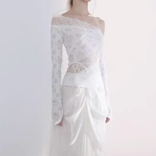 JAGEE CHEN 黑白两色斜肩蕾丝上衣【PARTOU】