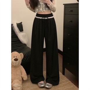蕾丝拼接抽绳阔腿裤女夏季2026新款今年流行的爆款裤子黑色直筒裤
