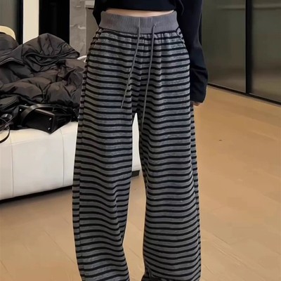 条纹加绒裤子女秋冬季2025新款今年流行爆款加厚休闲运动阔腿长裤