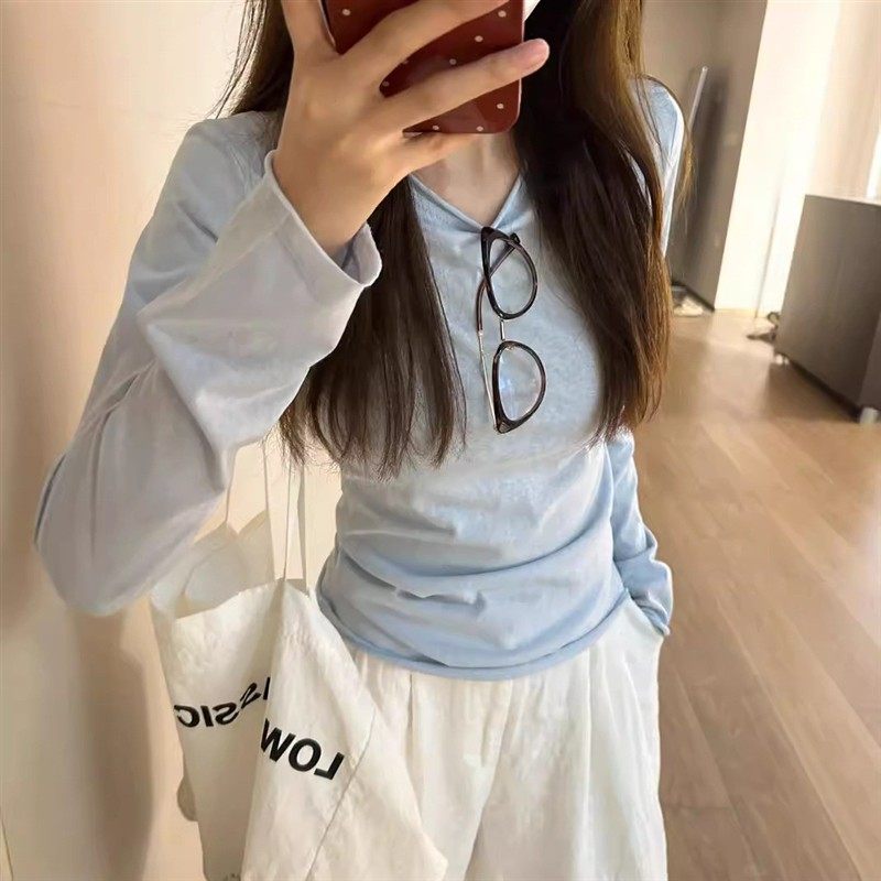 浅蓝色卷边长袖T恤女2025春季新款防晒罩衫韩系夏装薄款打底上衣
