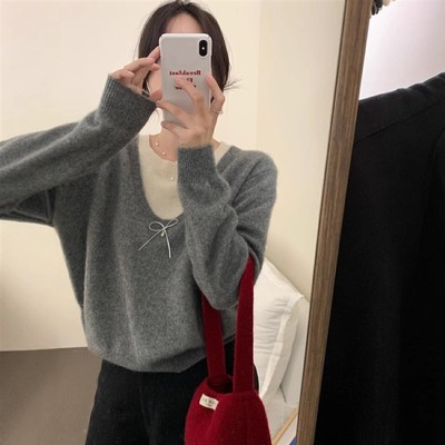 温柔风软糯灰色假两件套头毛衣女秋冬外穿小个子宽松慵懒针织上衣