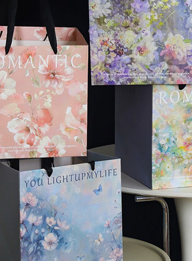 2025年新款浪漫油画风花束手提袋加厚方形礼袋高级感ins风手提袋